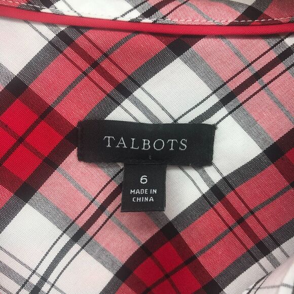 Talbots Top Womens 6 Red White Tartan Plaid Button Up Long Sleeve Cotton Stretch - Picture 6 of 12